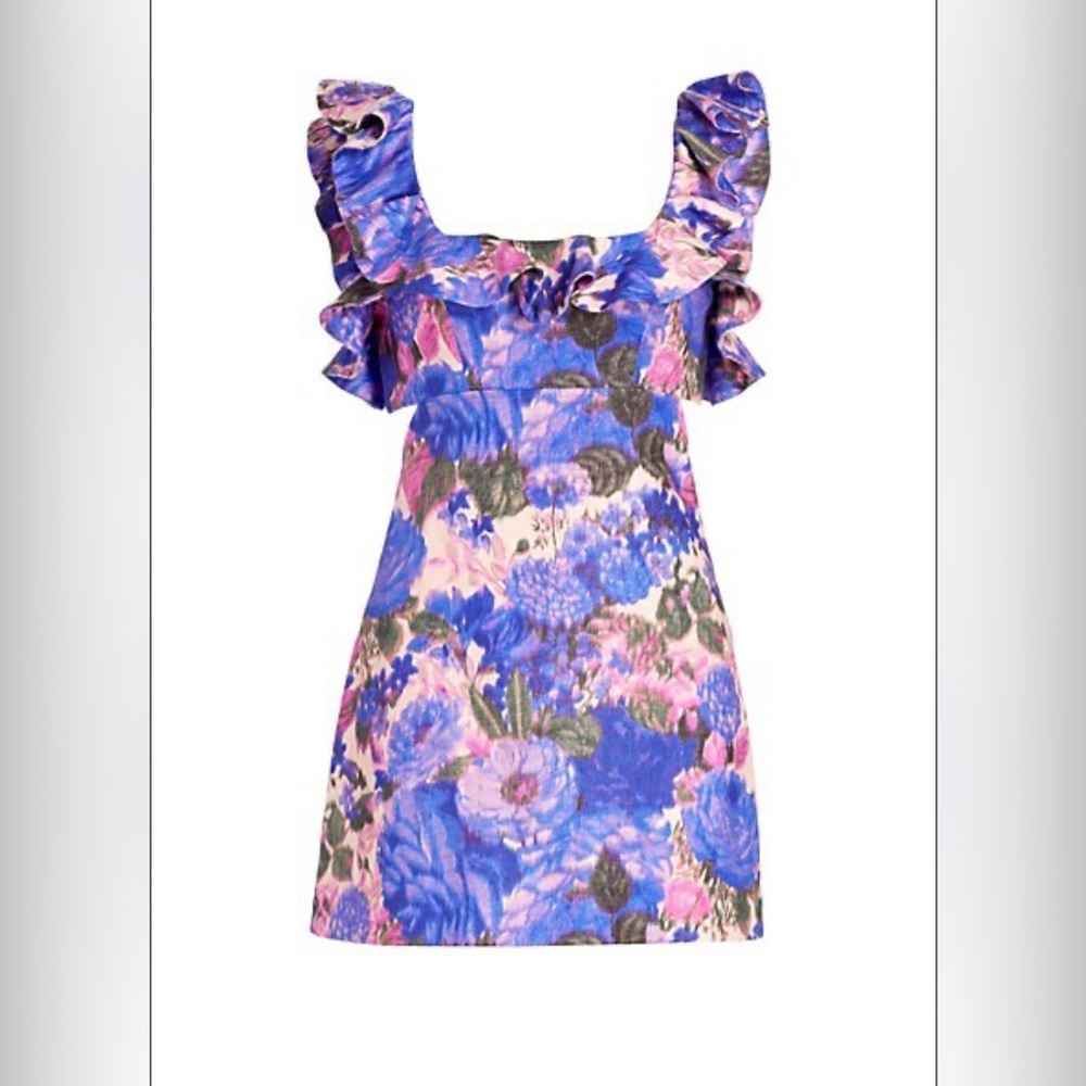 NWT Zimmermann High Tide Cut-Out Frilled Minidress In Purple Ikat Floral Size 0P
